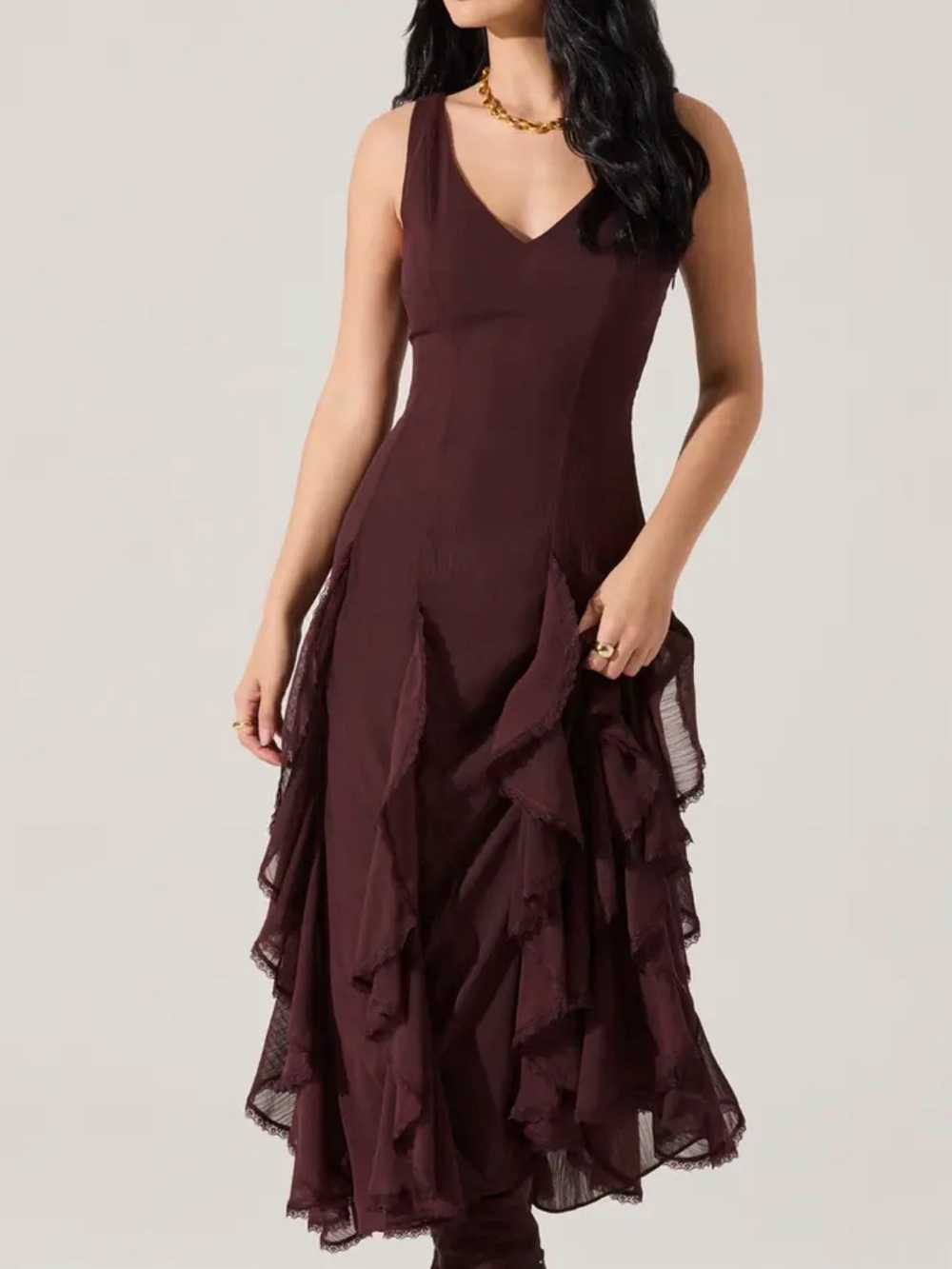 ASTR The Label Philomene V-Neck Ruffled Midi Dress